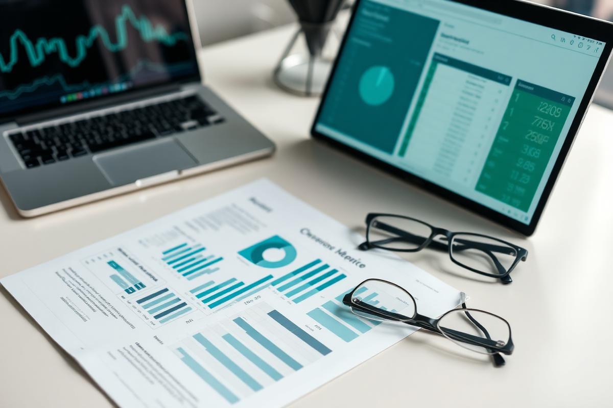 Printed research report with charts beside reading glasses and a laptop showing performance data