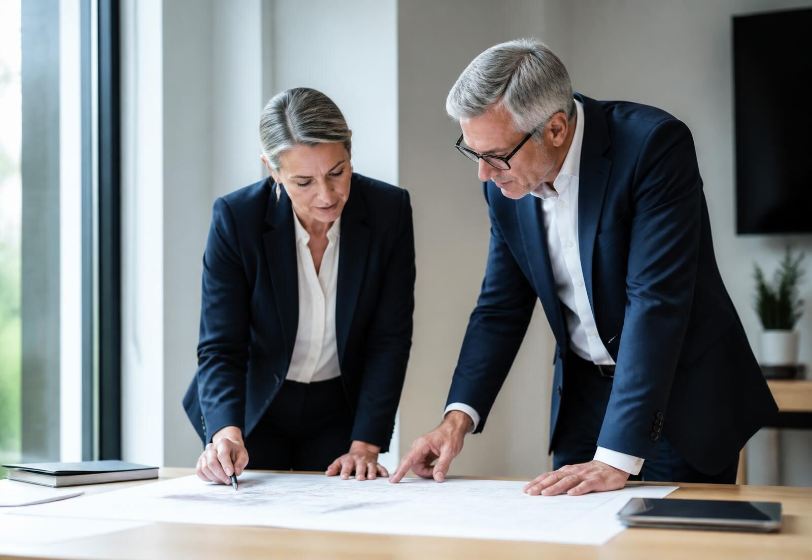 Two senior enterprise leaders reviewing a printed transformation plan on a table by a window