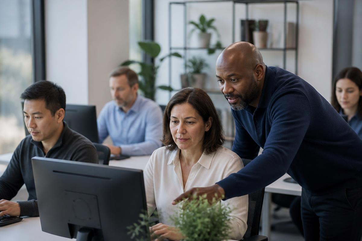 A coach helping employees practice a new enterprise system at their desks in a bright office