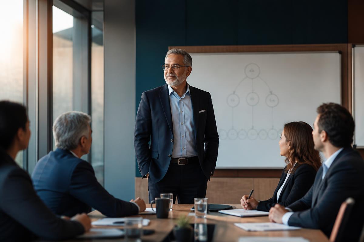 Senior executive leading a boardroom discussion with a simple adoption framework on a whiteboard