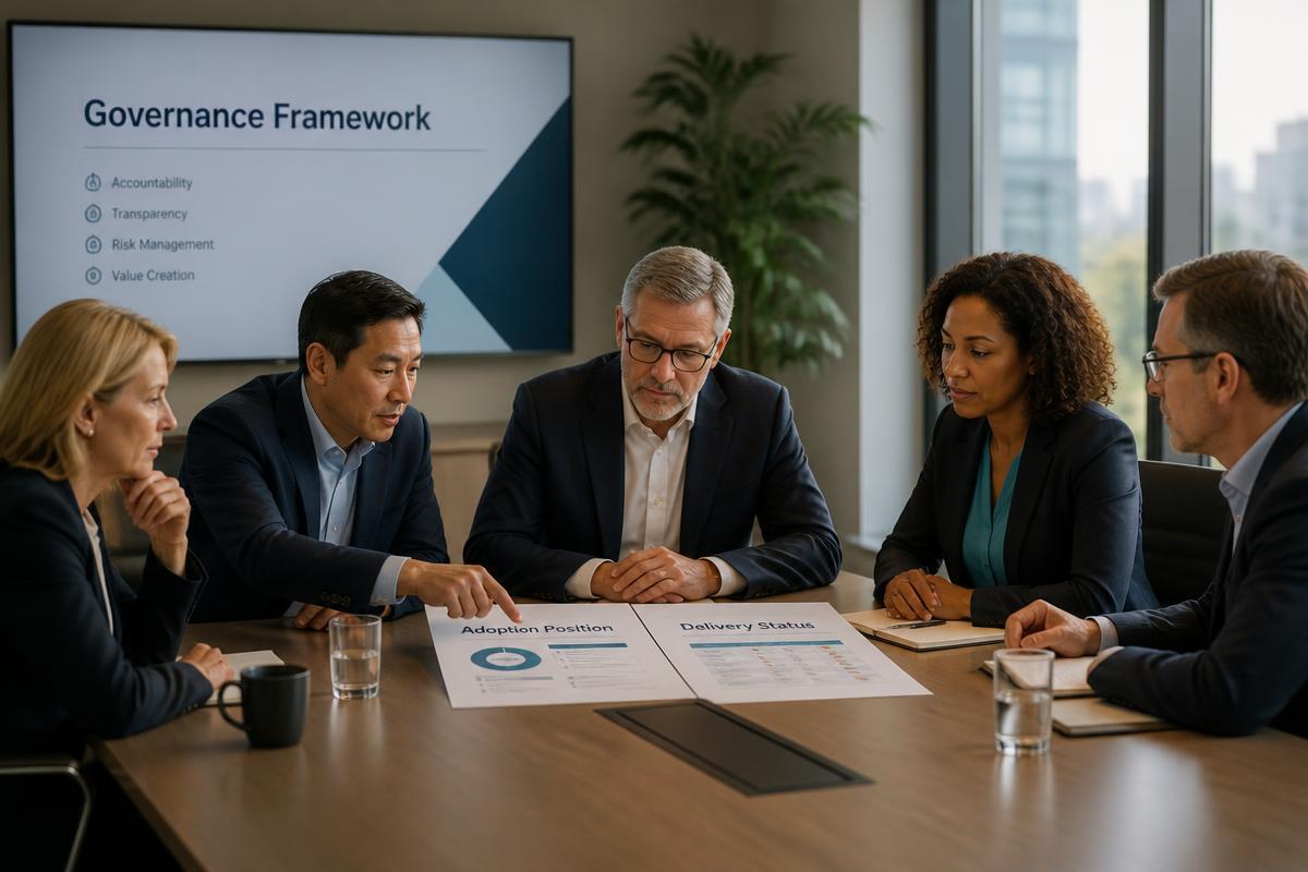 Senior executives reviewing an Adoption Position and Delivery Status governance framework in a boardroom
