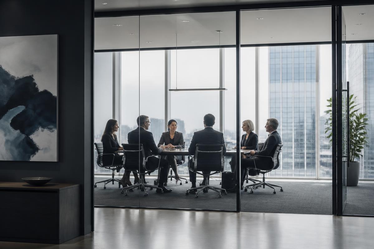 Executive leadership group meeting in a glass-walled room